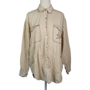 Vintage 90s Andrew's Blues Cream Button Down Shirt Floral Embroidery M